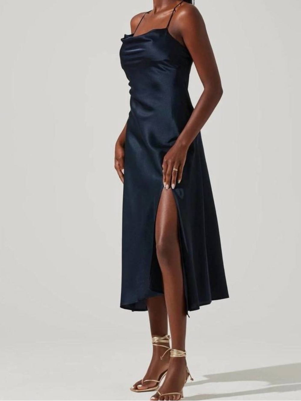 ASTR the Label Gaia Midi Dress in Midnight Navy Cowl Neck Satin